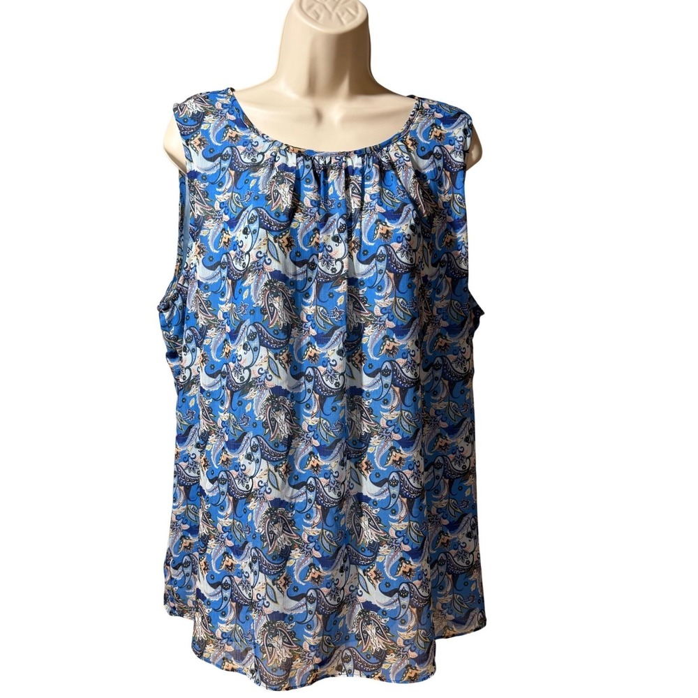 Paraphrase Womens XL Blue Paisley Sleeveless Lined Pleated Scoop Neck Blouse Top